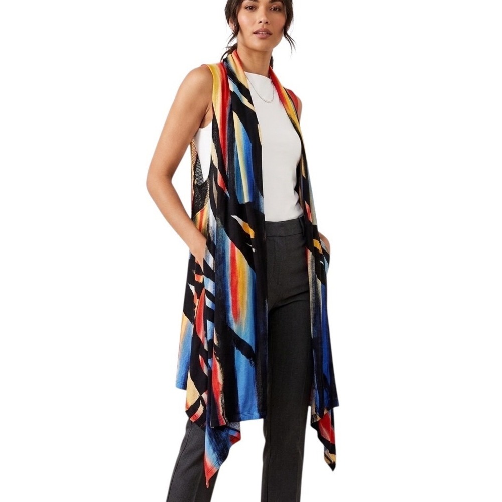 Adore Womens Large Abstract Brushstroke Knit Draped Open Front Vest‎ Art to Wear